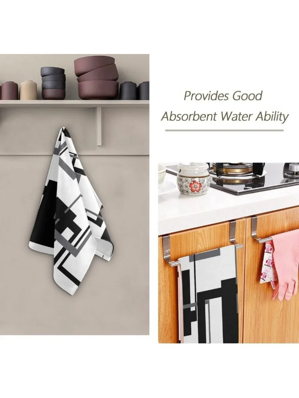 Set of 2 Black & White Geometric Hand Towels - Absorbent Microfiber, Modern